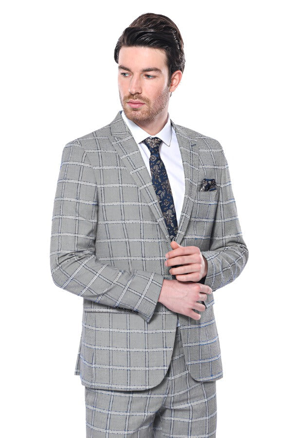 WSS Checked Slim-Fit Grey Men Blazer  - Singen