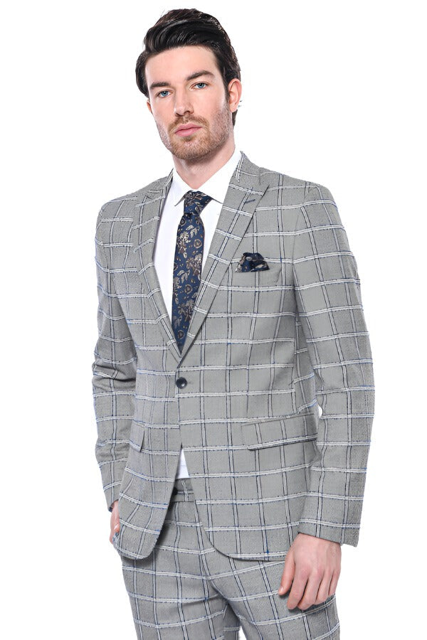 WSS Checked Slim-Fit Grey Men Blazer  - Singen