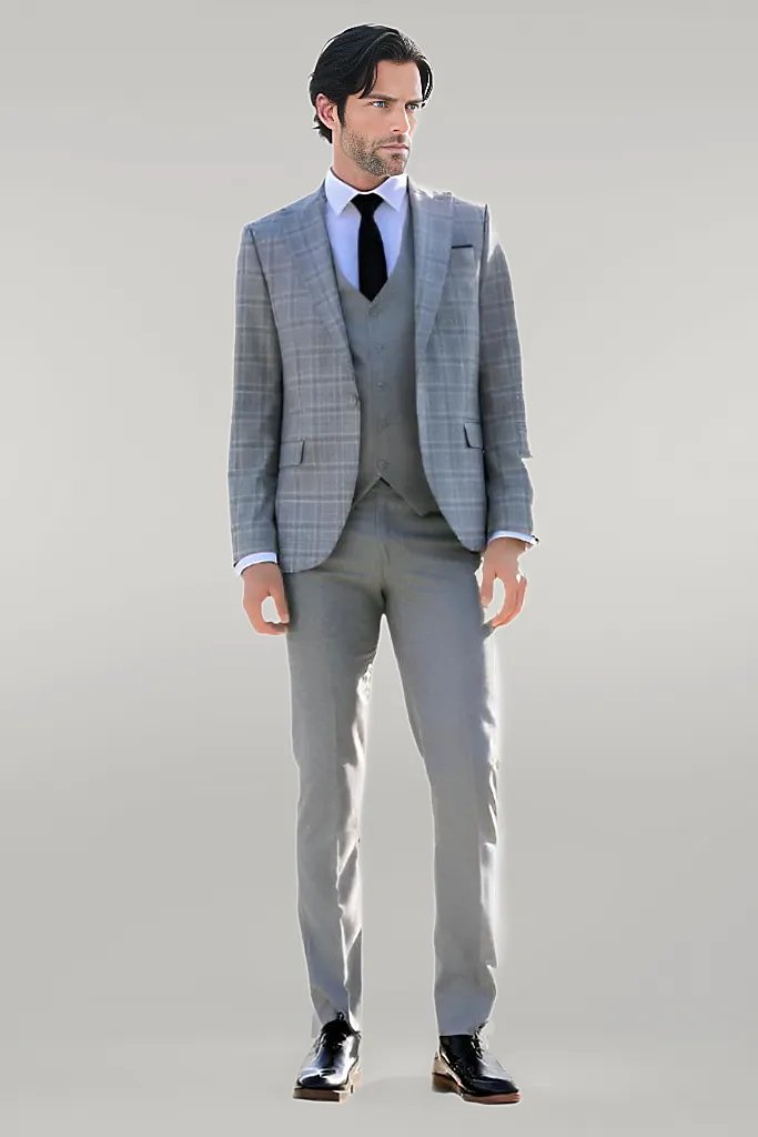 WSS Checked Slim Fit Light Grey Men Suit  - Singen