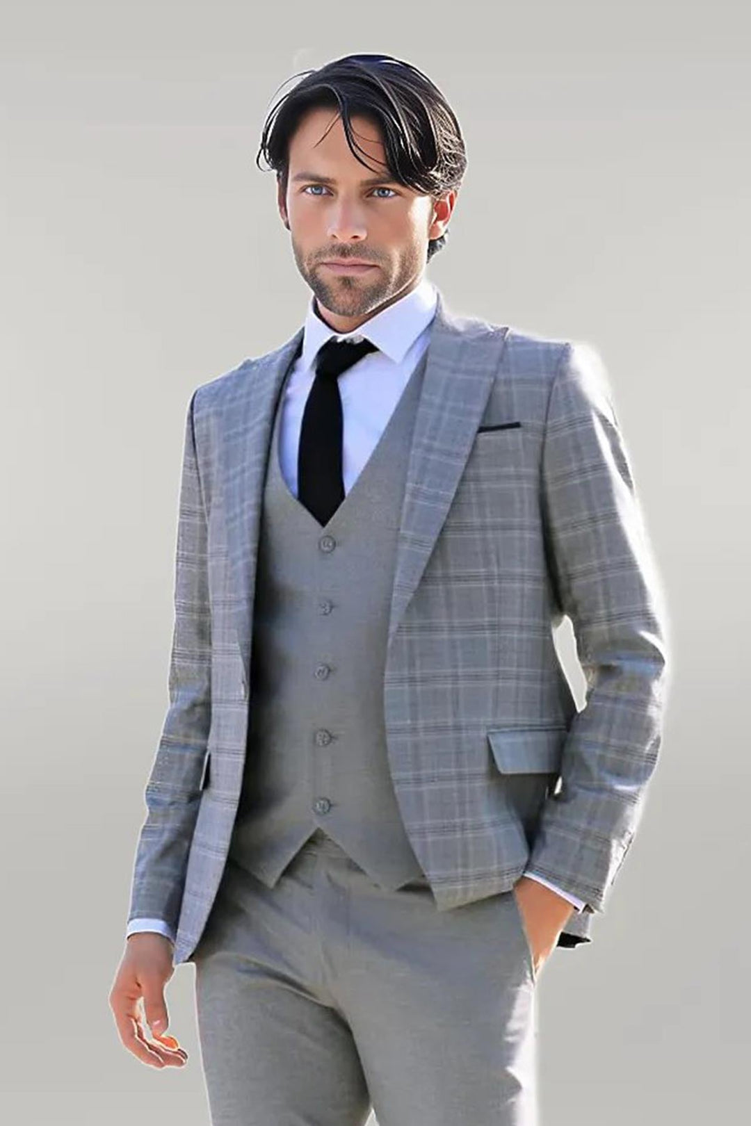 WSS Checked Slim Fit Light Grey Men Suit  - Singen