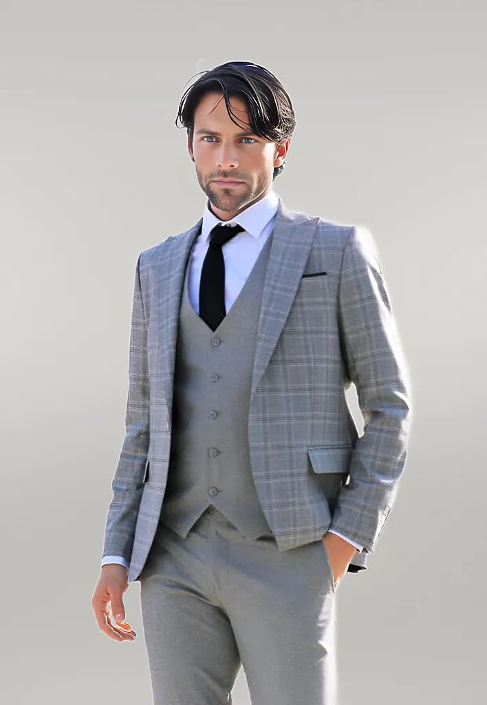 WSS Checked Slim Fit Light Grey Men Suit  - Singen