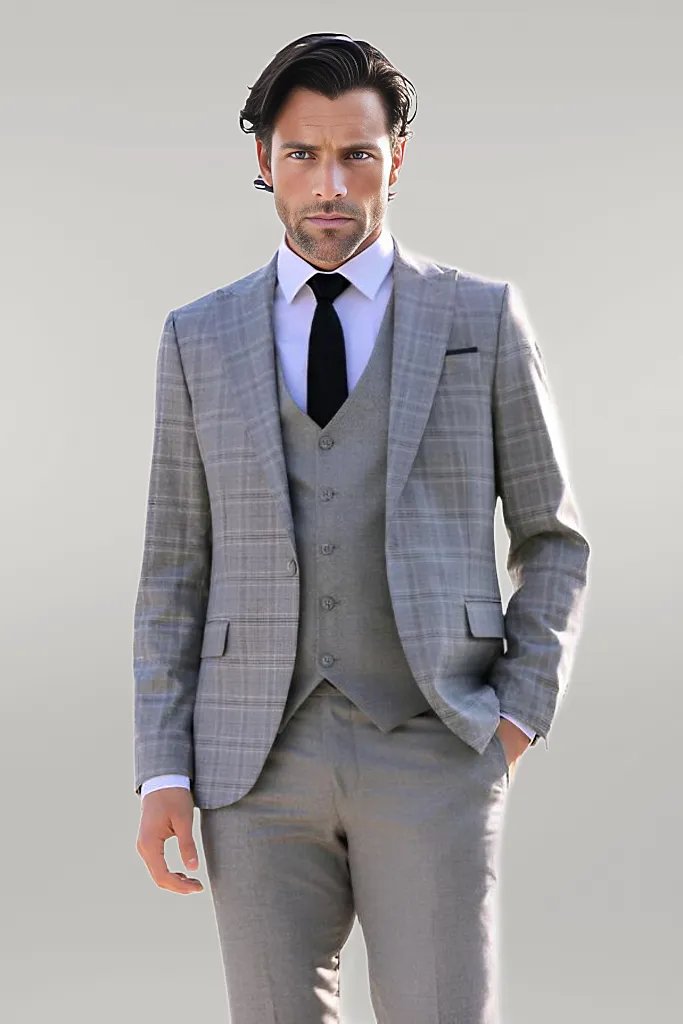 WSS Checked Slim Fit Light Grey Men Suit  - Singen