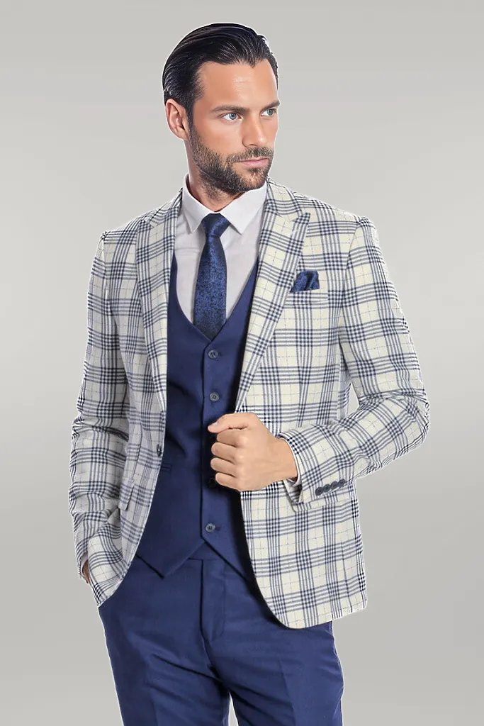 WSS Checked Slim Fit Navy Blue Men Suit  - Singen