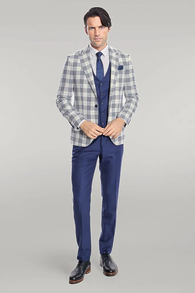 WSS Checked Slim Fit Navy Blue Men Suit  - Singen