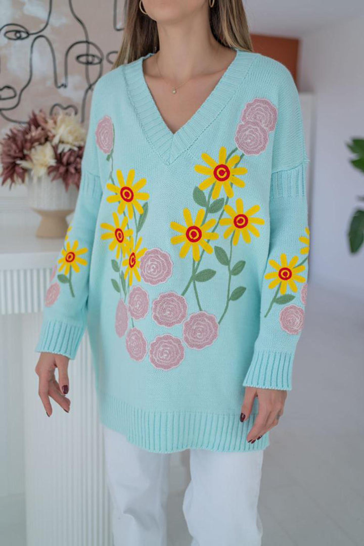 ELS Floral Embroidered Sweater - Blue - Vich