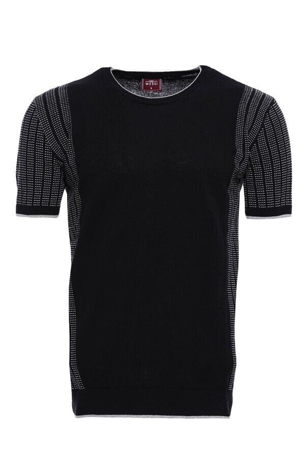 WSS Circle Neck Patterned Black Knitted T-Shirt  - Singen