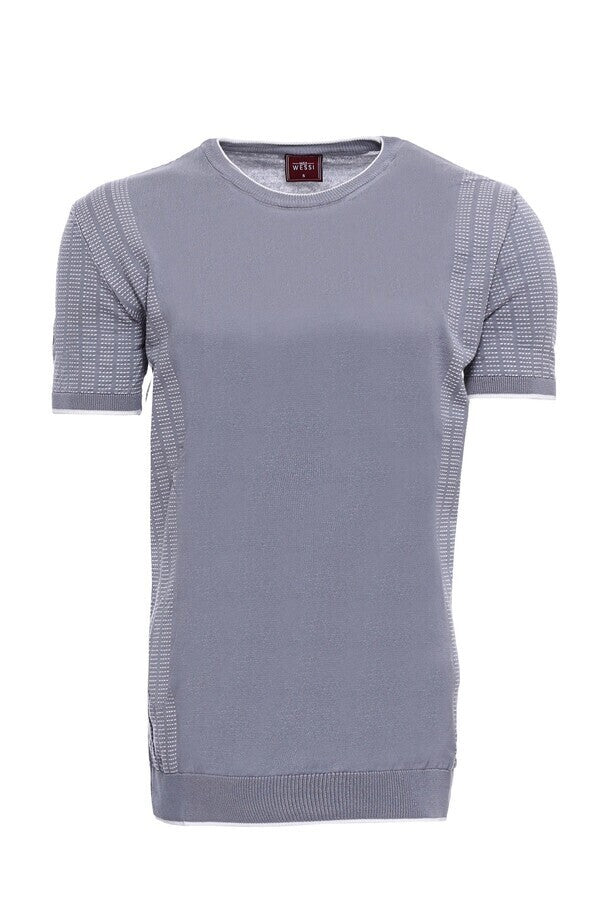 WSS Circle Neck Patterned Grey Knitted T-Shirt  - Singen