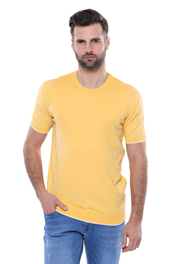 WSS Circle Neck Patterned Yellow Knitted T-Shirt  - Singen