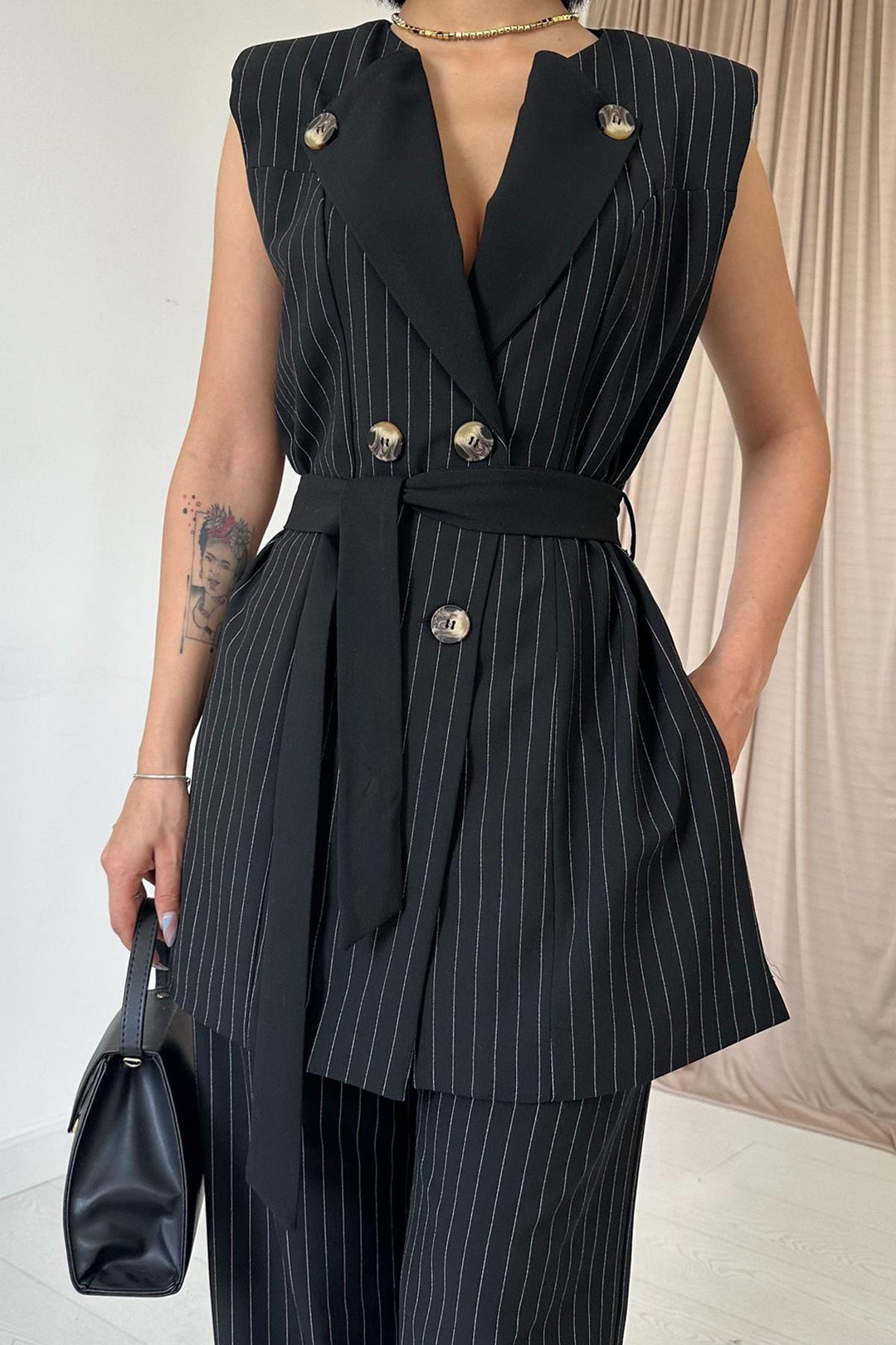 ELS Striped Buttoned Vest and Pants Set - Black - Goes