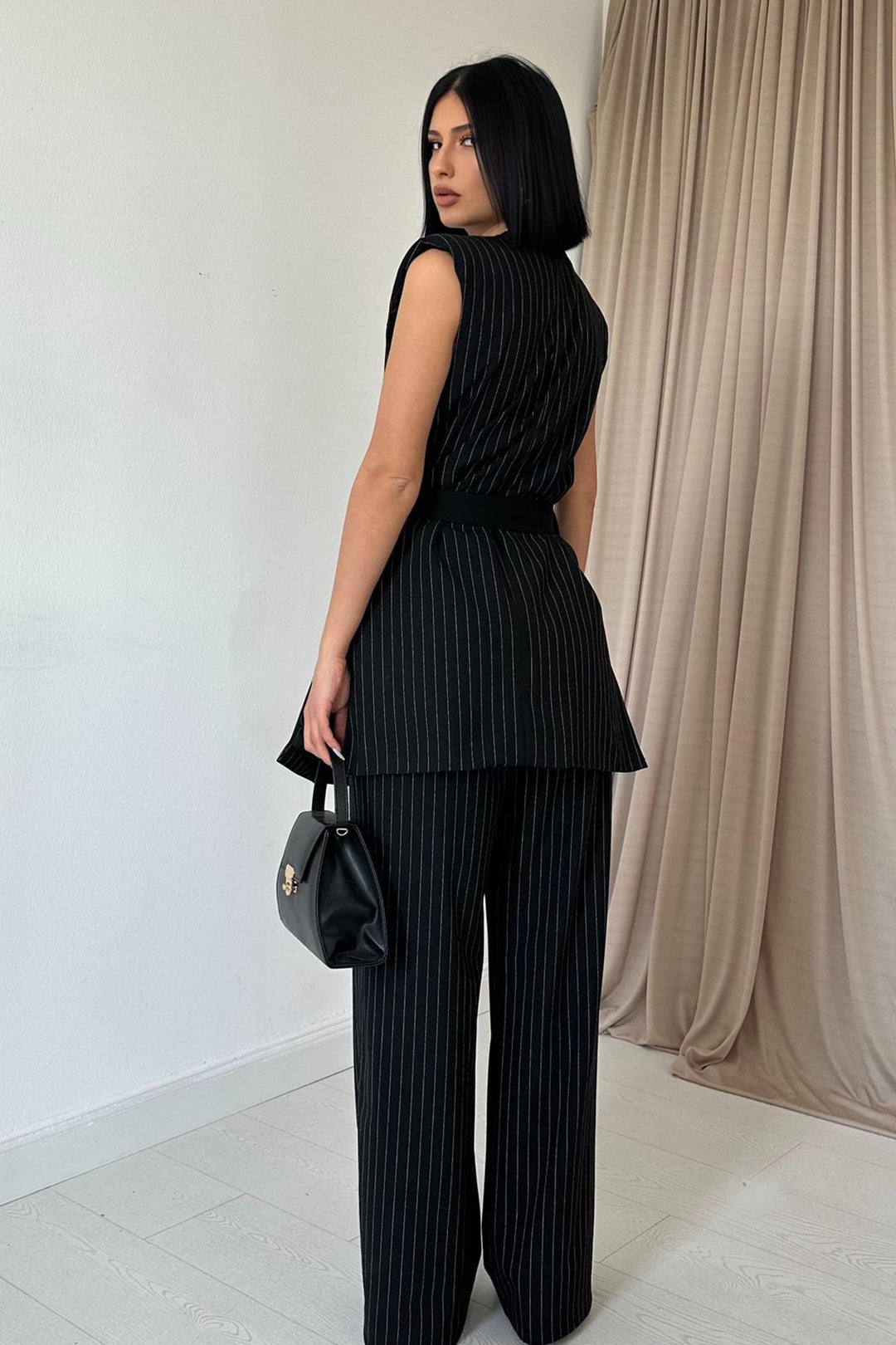 ELS Striped Buttoned Vest and Pants Set - Black - Goes