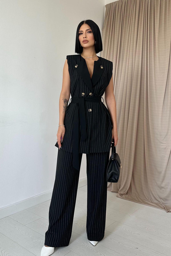 ELS Striped Buttoned Vest and Pants Set - Black - Goes