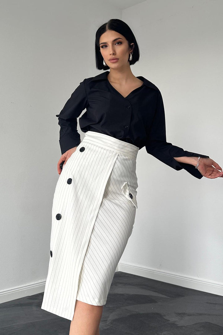 ELS Striped Polyviscose Skirt - White - Hoogeveen