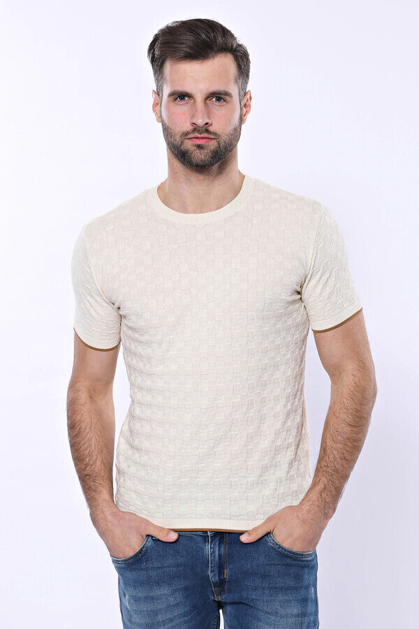 WSS Cream Patterned Tricot Knitted T-Shirt  - Singen