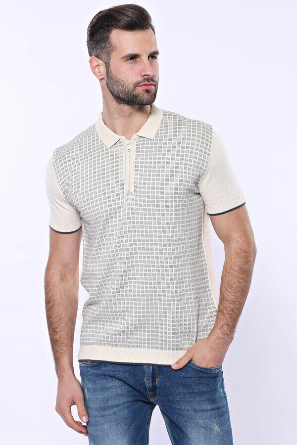 WSS Cream Plaid Zippered Polo Knitted T-Shirt  - Singen