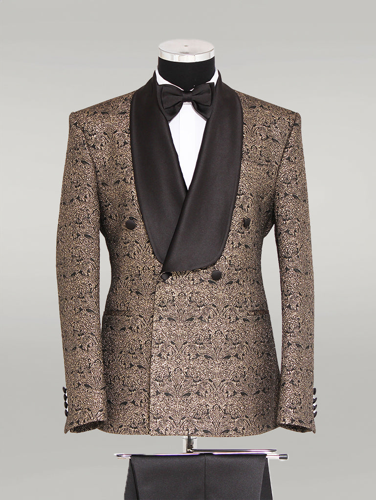 WSS Brocade Double-Breasted Satin Lapel Gold and Black Men's Tuxedo with Bow Tie  - Singen