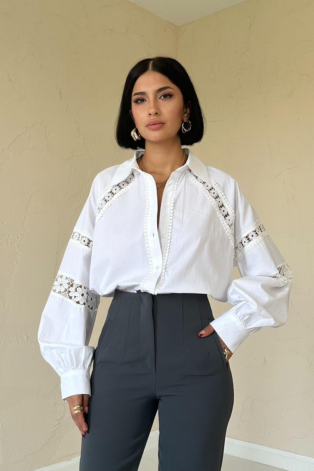 ELS Poplin Shirt with Lace Detail - White - El Paso