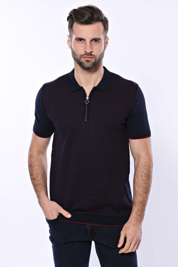 WSS Dark Blue Plaid Zippered Knitted Polo T-Shirt  - Singen