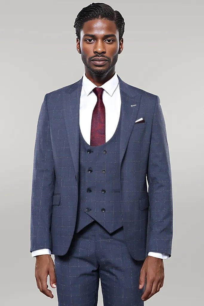 WSS Dark Blue Vested Checked Men Suit  - Singen