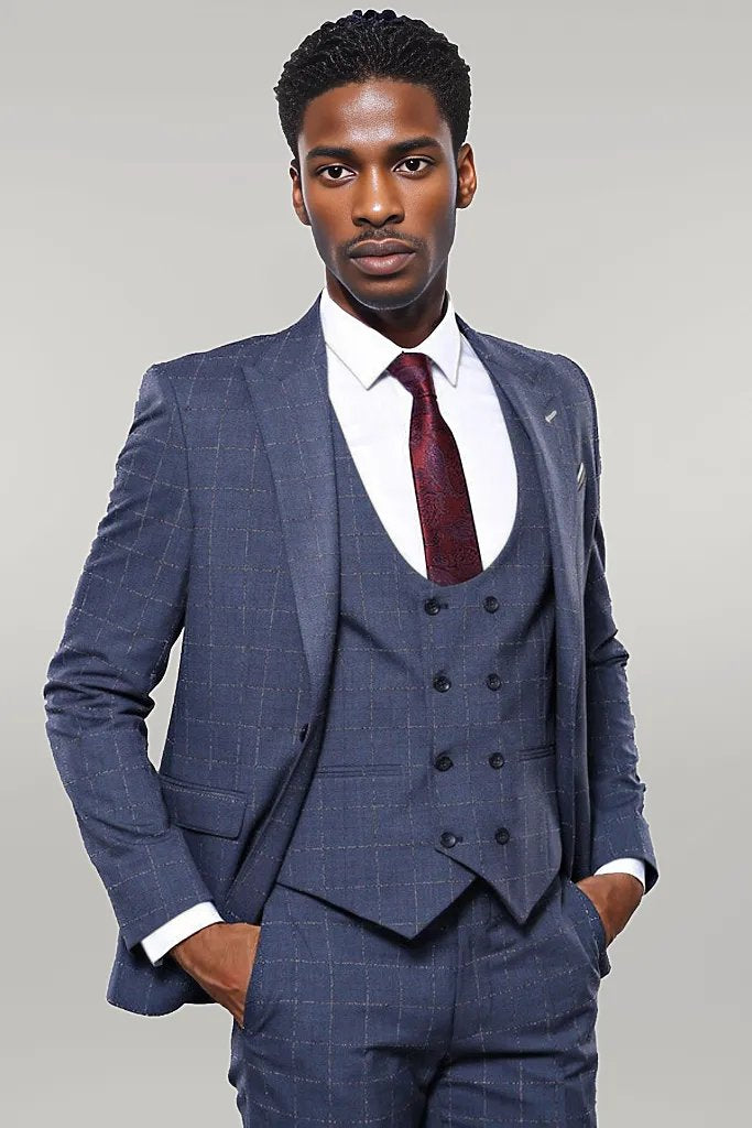 WSS Dark Blue Vested Checked Men Suit  - Singen