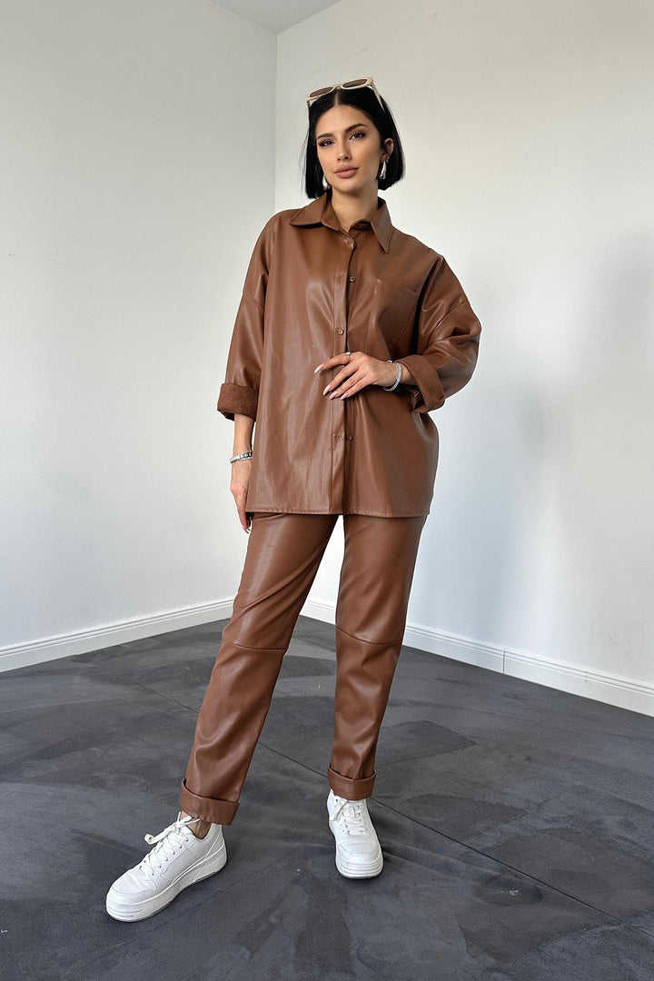 ELS Leather Shirt and Pants Set - Brown - Roanoke