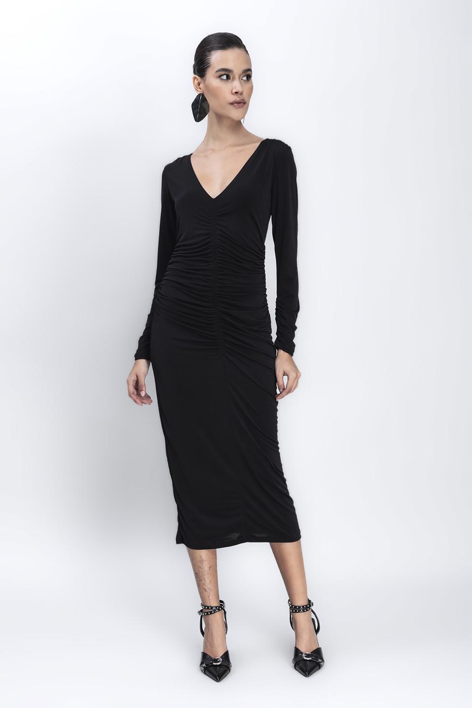 BSL Women Low V-Neck Draped Midi Pencil Dress - Irondequoit