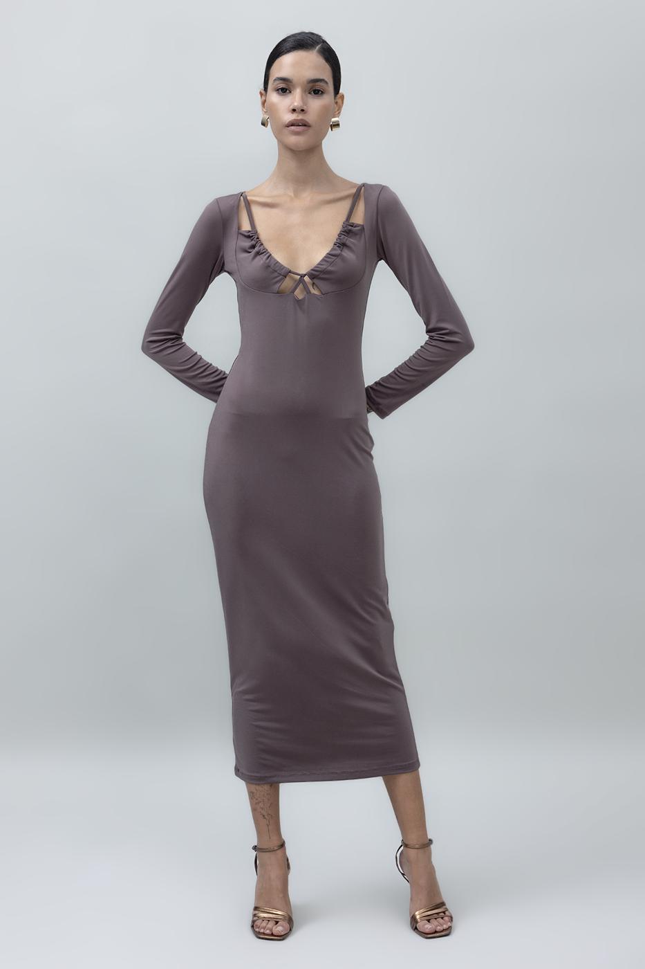 BSL Women Deep Neck Decolette Midi Pencil Dress - Hilversum