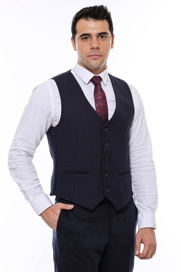 WSS Dot Patterned Navy Blue Vest  - Singen