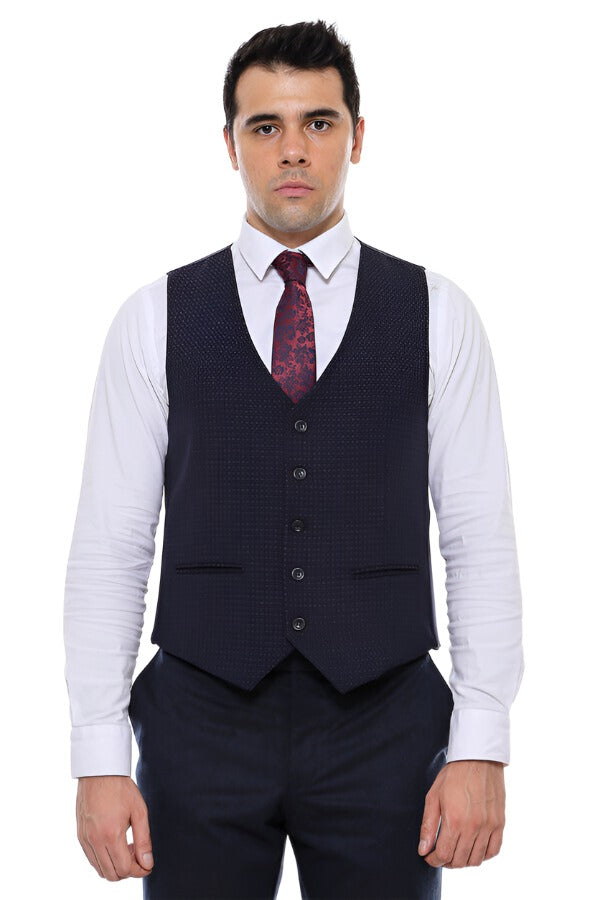 WSS Dot Patterned Navy Blue Vest  - Singen