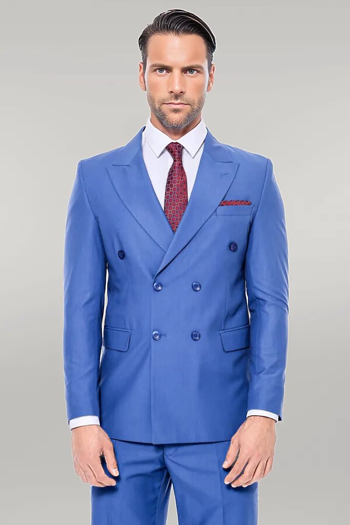 WSS Double Breasted Slim Fit Blue Men Suit  - Singen