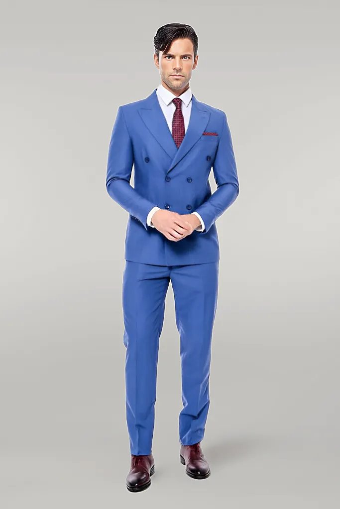 WSS Double Breasted Slim Fit Blue Men Suit  - Singen