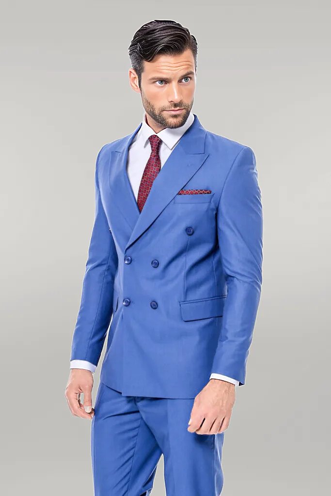 WSS Double Breasted Slim Fit Blue Men Suit  - Singen