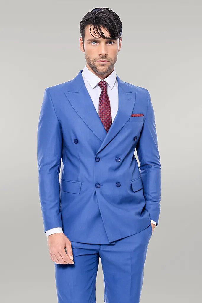 WSS Double Breasted Slim Fit Blue Men Suit  - Singen