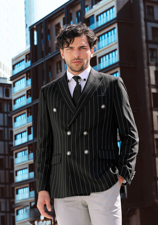 WSS Double Breasted Slim Fit Striped Black Men Blazer  - Singen