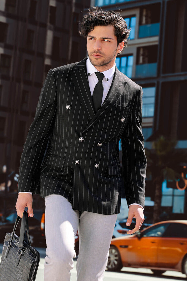 WSS Double Breasted Slim Fit Striped Black Men Blazer  - Singen