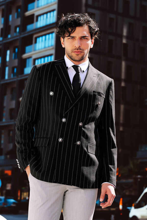 WSS Double Breasted Slim Fit Striped Black Men Blazer  - Singen