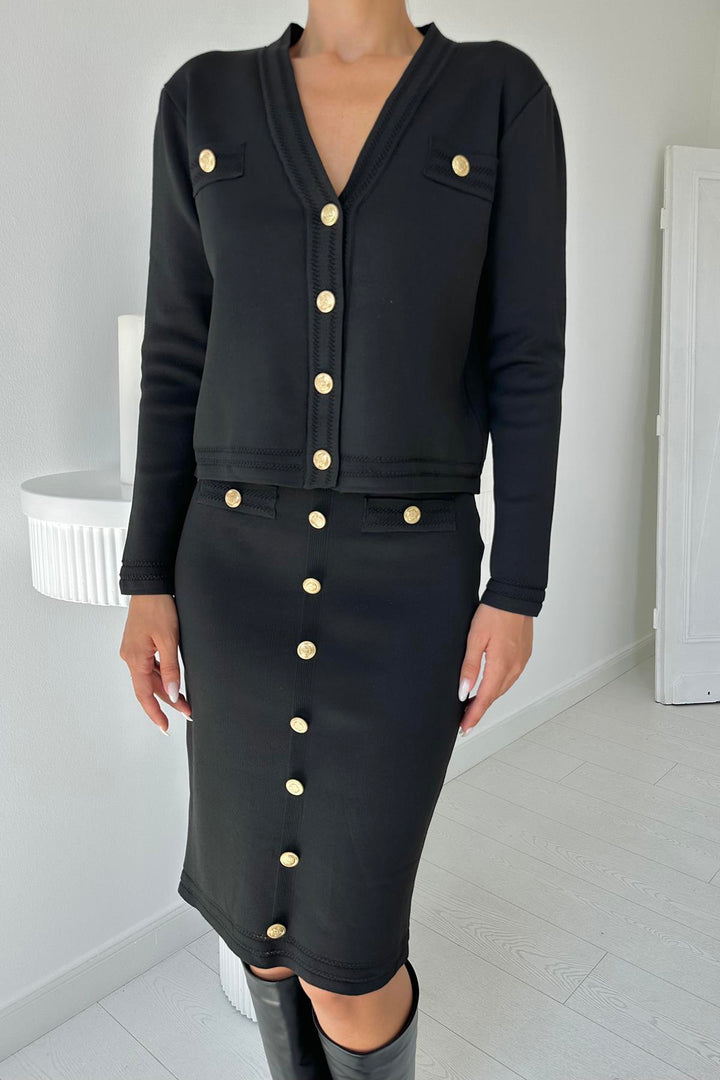 ELS Buttoned Cardigan and Skirt Set - Black - Garges-lès-Gonesse