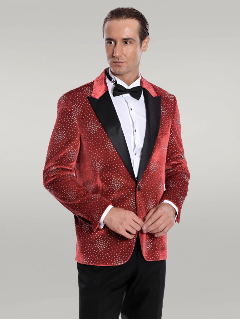 WSS Dot Patterned Peak Lapel Burgundy Men Prom Blazer  - Singen