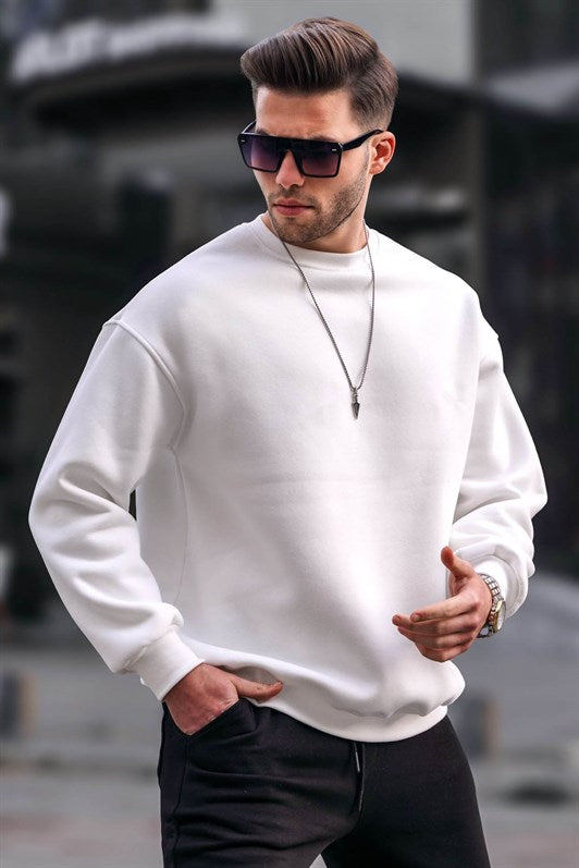 MDX Ecru Bicycle Neck Oversize Basic Men's Sweatshirt with Shirred 6048 - Ciudad Mante