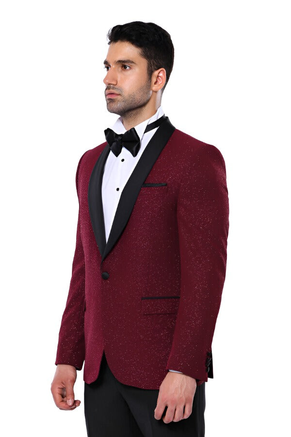 WSS Burgundy Shawl Lapel Sparkly Men Tuxedo Jacket  - Singen