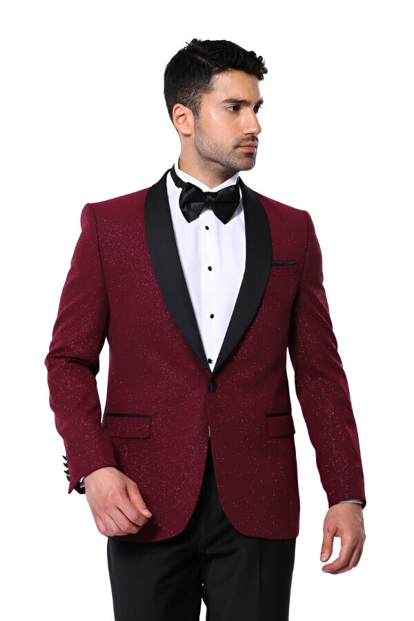 WSS Burgundy Shawl Lapel Sparkly Men Tuxedo Jacket  - Singen