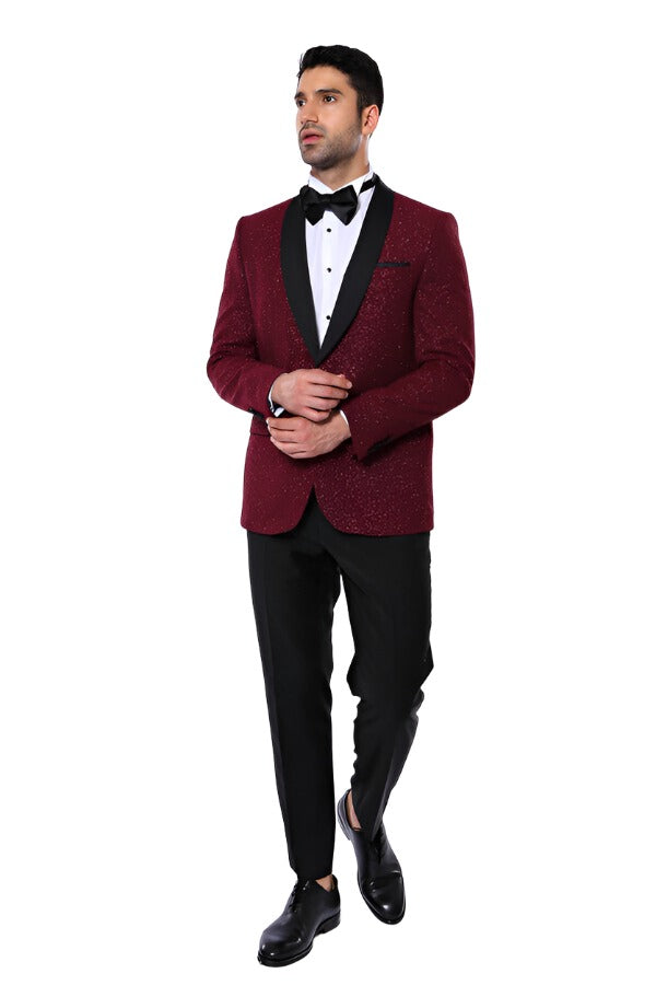 WSS Burgundy Shawl Lapel Sparkly Men Tuxedo Jacket  - Singen