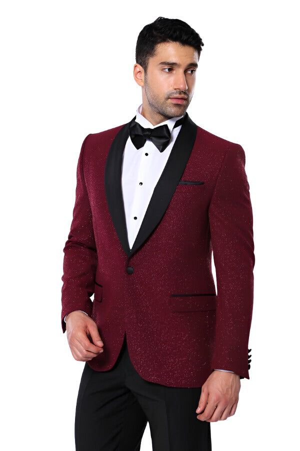 WSS Burgundy Shawl Lapel Sparkly Men Tuxedo Jacket  - Singen