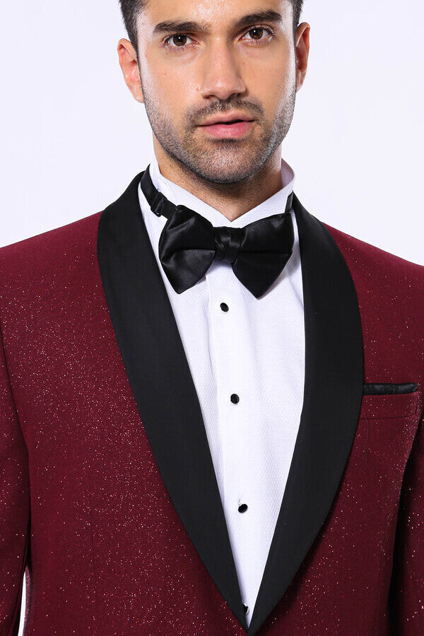 WSS Burgundy Shawl Lapel Sparkly Men Tuxedo Jacket  - Singen