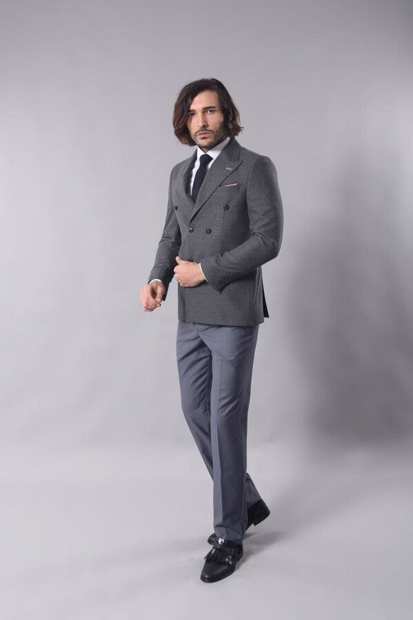 WSS Double Breasted Slim Fit Grey Blazer  - Singen