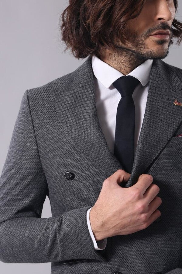 WSS Double Breasted Slim Fit Grey Blazer  - Singen