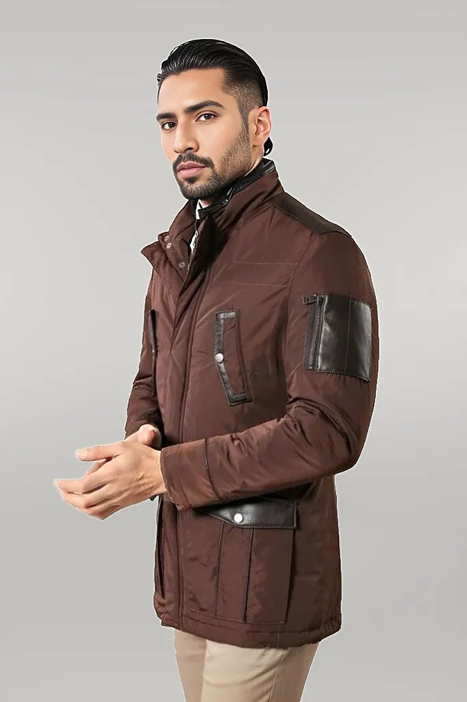 WSS Leather Modeled Brown Slim Fit Quilted Jacket  - Singen