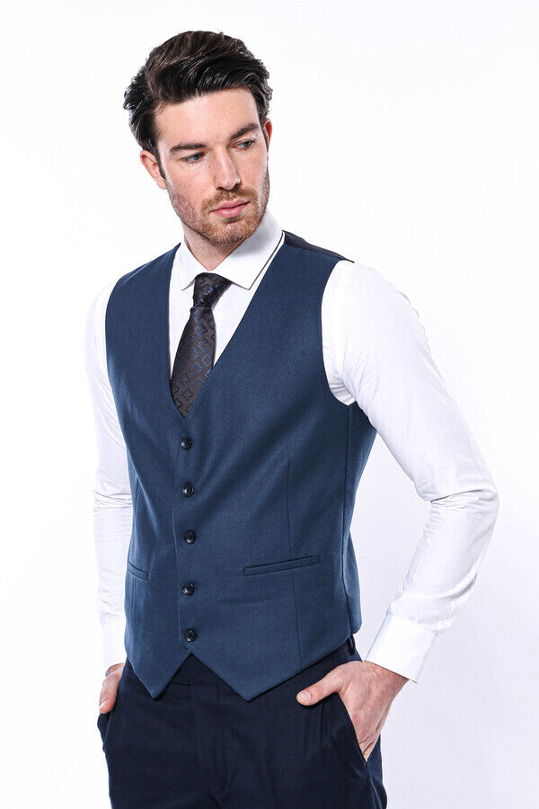 WSS Navy Blue Plain Men's Vest  - Singen