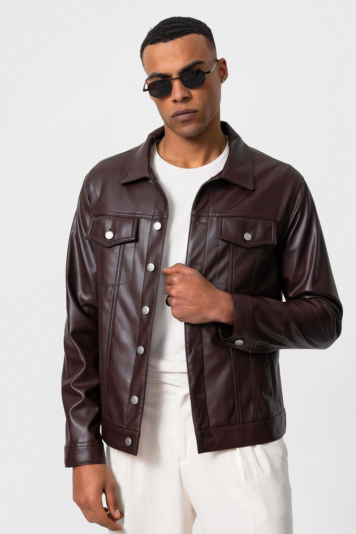 ANT Men's Slim Fit Button Closure Leather Coat - Woodstock