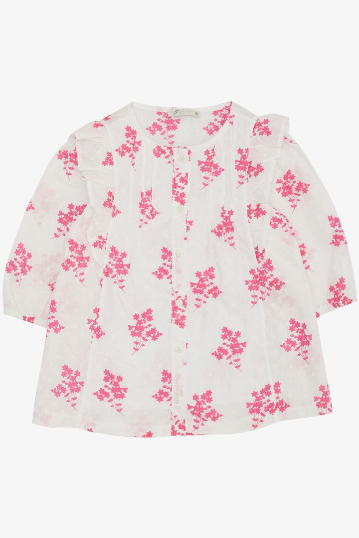 BRE Escabel Girl's Shirt with Flower Patterned Elastic Sleeves 104 Years, White - Colonie