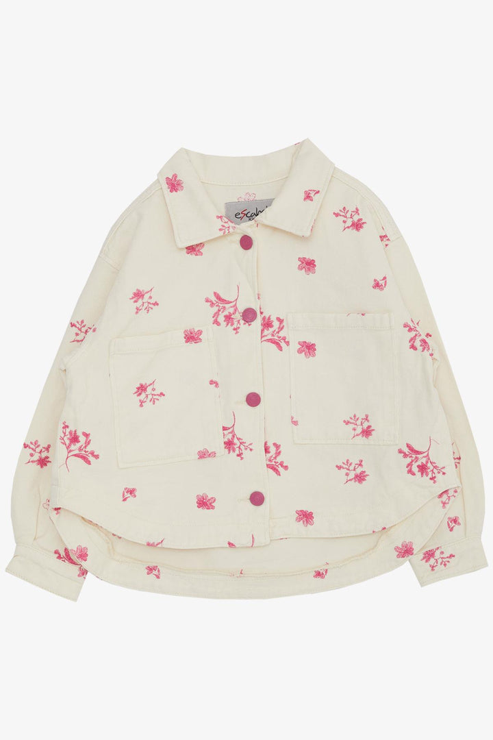 BRE Escabel Girl's Denim Jacket with Flower Embroidery Buttoned 104 Years, Cream - Guasavito